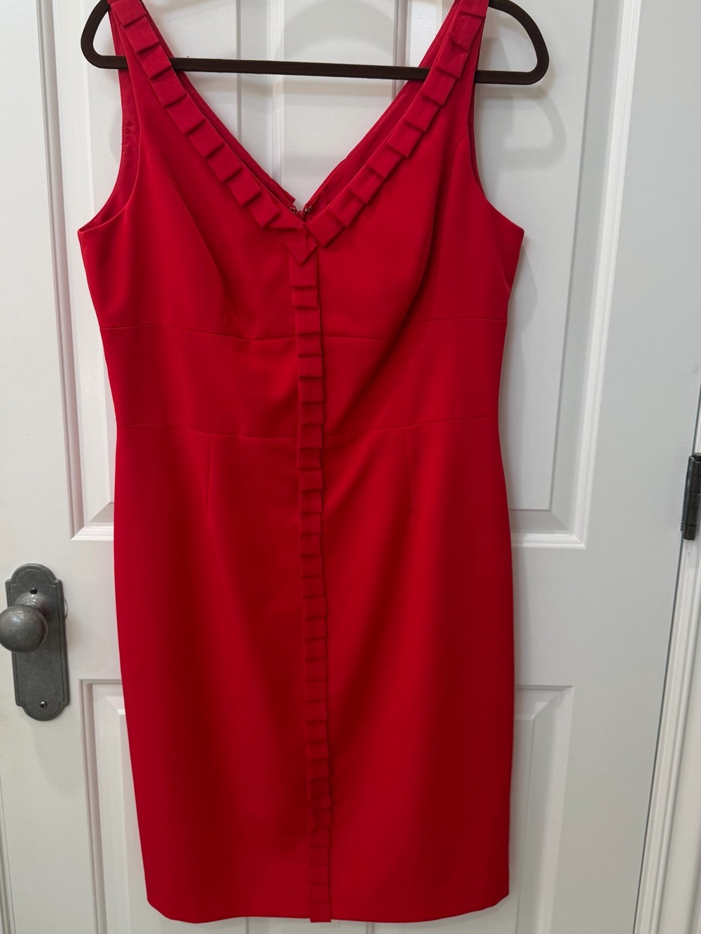 Carmen Marc Valvo Red V‑Neck Ruffle-Trim Sheath Dress
